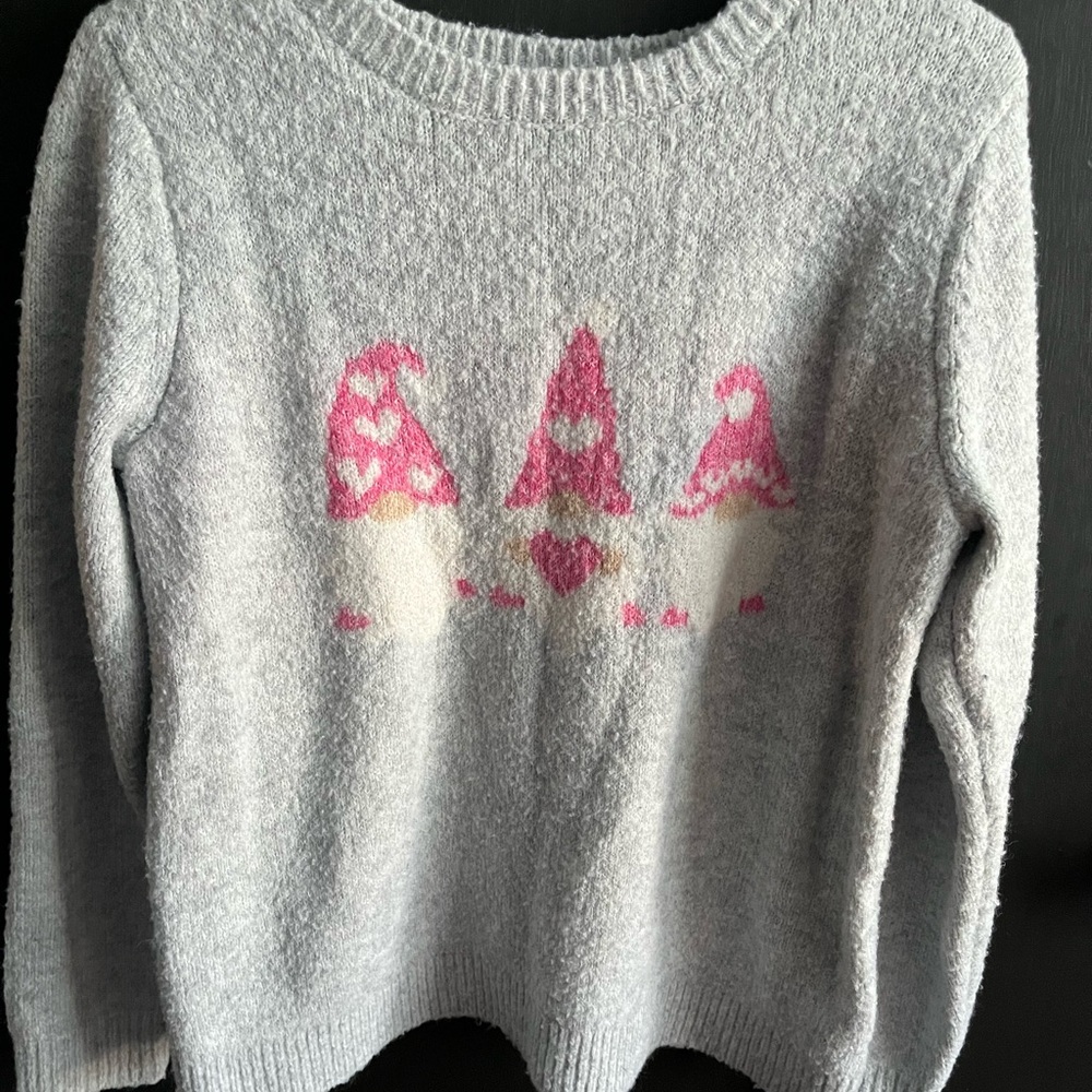 cupcakes & cashmere Light Gray Sweater with Pink Gnome Design